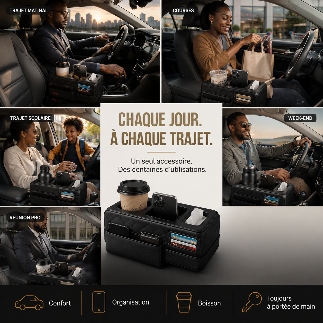 ConfortDrive™ — Organiseur Accoudoir Multifonction avec Porte-Gobelet