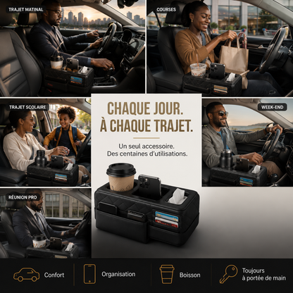 ConfortDrive™ — Organiseur Accoudoir Multifonction avec Porte-Gobelet