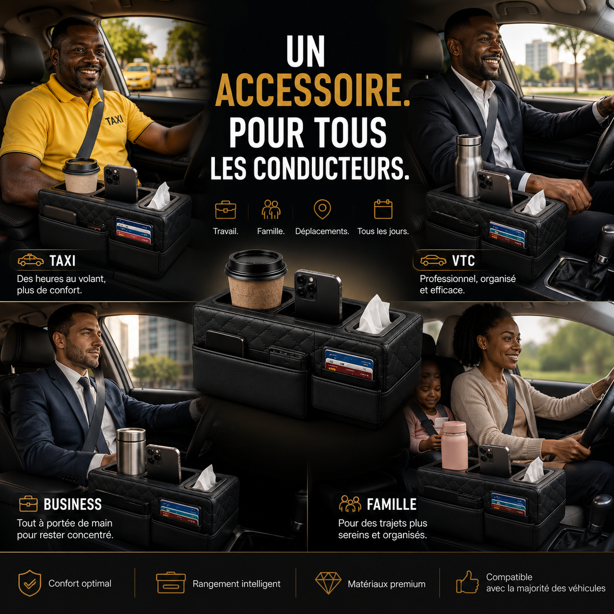 ConfortDrive™ — Organiseur Accoudoir Multifonction avec Porte-Gobelet