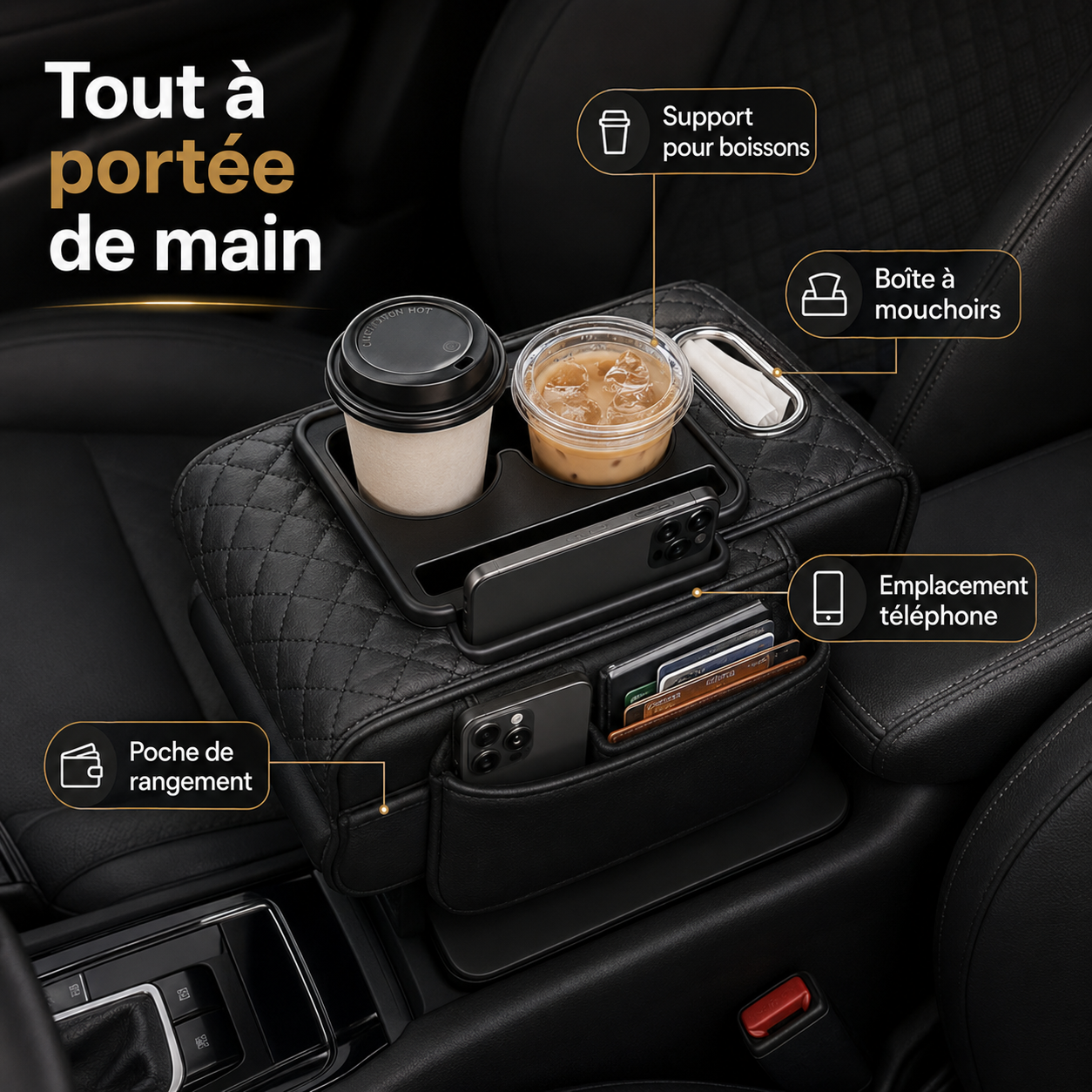 ConfortDrive™ — Organiseur Accoudoir Multifonction avec Porte-Gobelet